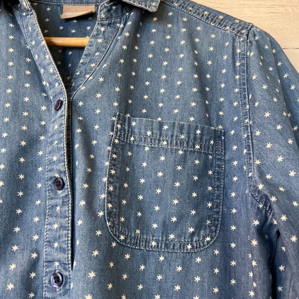Chicos Shirt Womens Size 0/S Spacey Dot Cozmo Chambray Denim Long Sleeve Cotton - Picture 9 of 16
